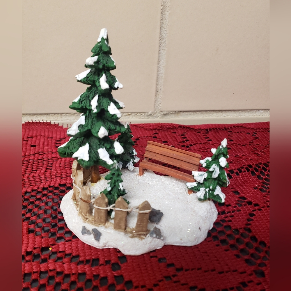 Holiday Village Scene with Snowy Trees Bench Fence Woodland Accent Display